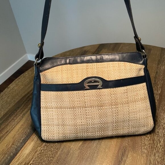 Eitenne Aigner Blue Leather and Woven Straw Purse - Picture 13 of 15